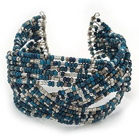 Avalaya Boho Blue/Silver/Turquoise Coloured Glass Bead Plaited Flex Cuff Bracelet - Adjustable