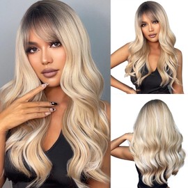 OUFEI Ombre Blonde Wig with Fringe for Women Natural Synthetic Hair Heat Resistant Long Wavy Wigs with Dark Roots for Daily Party Cosplay Wear