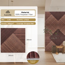 Autorific Acoustic Wall Panels,6 Pack Total Size 72 x 48 Inches,Self-Adhesive Decorative Acoustic Panels for Wall and ceiling,3D UV Printing with Wood Look,Red Sandalwood