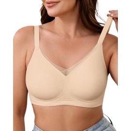 ZEBELL M-5XL Wireless Bras for Women No Underwire, Plus Size V Lace Comfortable Bralette with Support, Full Coverage T-Shirt Bra Skin