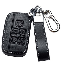 ontto Leather Car Key Fob Cover fit for Land Rover Defender Discovery Evoque LR4 fit for Range Rover Sport fit for Jaguar Key Case Keyring keychain Smart key Holder Protector accessories Black A