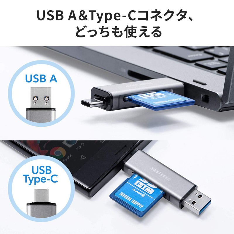 Sanwa Direct 400-ADR323GY SD/TF Card Reader with Media Case, USB-C