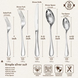 KINGSTONE 20 Piece Teardrop Silverware Set for 4, 18/10 Stainless Steel Flatware Set, Modern Design Cutlery Set for Home/Hotel/Wedding,Mirror Polished and Dishwasher Safe