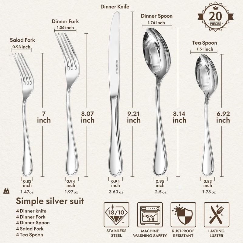 KINGSTONE 20 Piece Teardrop Silverware Set for 4, 18/10 Stainless