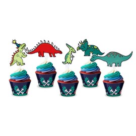 Dinosaur Cupcake Toppers & Dinosaur Cupcake Wrappers | Cartoon Dino Cupcake Toppers & Cupcake Liners (30 of Each) | Cute Dinosaur Birthday Decorations for Birthday Party, Baby Shower, Gender Reveal