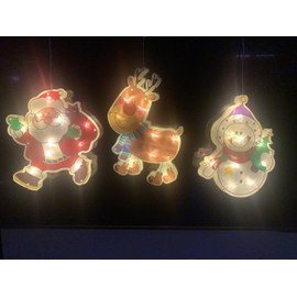Christmas LED Window Light Decorations Fastened with Suction Cup or Hook, Battery Operated with on/Off Switch (Holiday Theme 3 Piece Set, Reindeer, Santa, Snowman