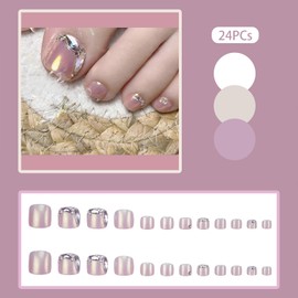 Pink Press on Toenails Nude Rhinestone Square Fake Toe Nails Short Acrylic False Toe Static Nails Cute Glossy Artificial Luxurious Prom Full Cover Toenail for Women Girls 24Pcs