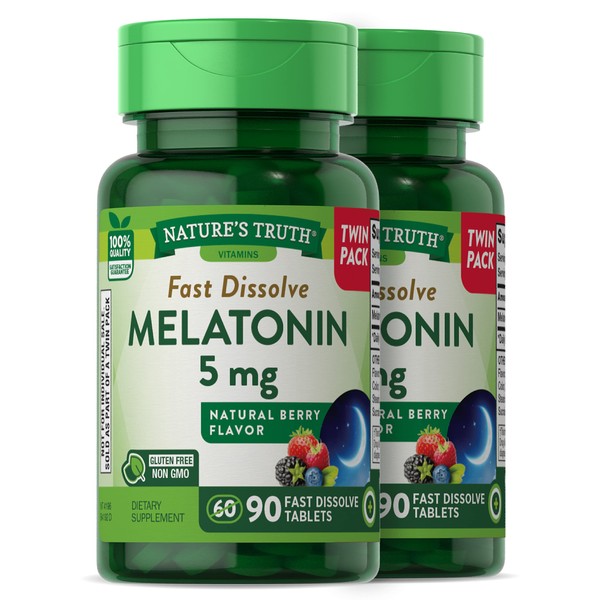 Nature's Truth Melatonin 5 mg | 180 Fast Dissolve Tablets (2 X 90 Twin Pack) | Natural Berry Flavor | Vegetarian, Non-GMO, Gluten Free