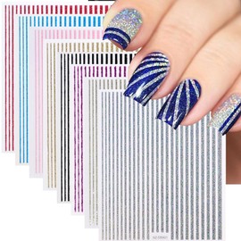 3D Glitter Lines Nail Stickers 3D Self-Adhesive Nail Art Stickers Colorful Stripe Nail Decals Self Adhesive Geometric Strip Line Nails Women DIY Nail Supplies,8 Colors/Set