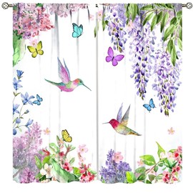 DDCBNS Hummingbird Flower Décor Curtains for Living Room,Watercolor Animal Wild Plant Window Treatments for Bedroom Kitchen Butterfly Lavender Décor Drapes 2 Panel Sets Total Size 42" x 45" Decor