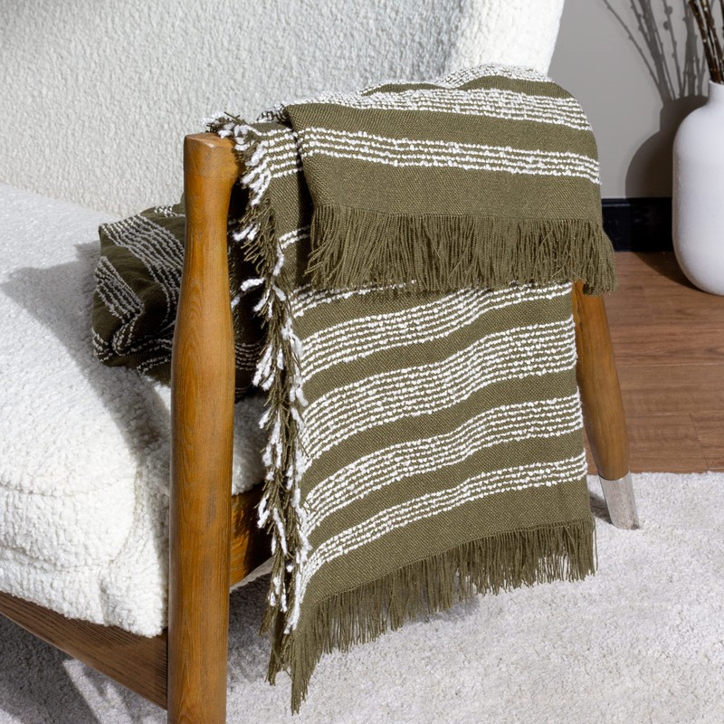 Hoem Jour Woven Fringed Throw, Olive, 130 x 180cm