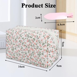 Cosmetic Bag Flowers, Floral Pattern Toiletry Bag, Portable Makeup Bag, Make Up Bag, Made of Soft Cotton Material, Zip for Holding Various Make-Up Utensils, with 2 Hair Pins (Pink), 100% Brand New