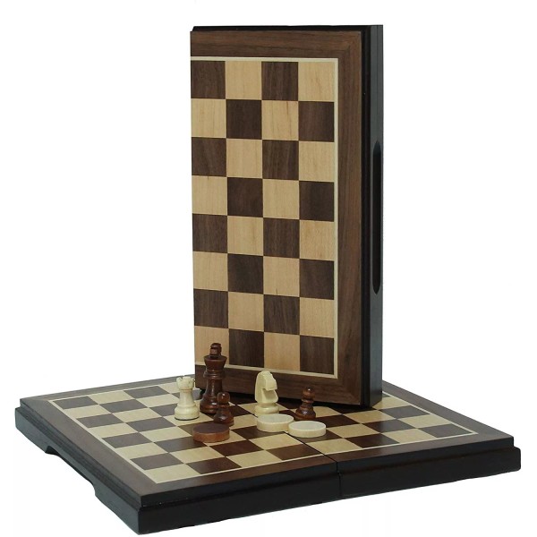 WE Games Magnetic Folding Chess & Checkers Set, Walnut Wood