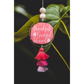 Boodig Car Ornament & Inspirational Positive Quote Beaded Rear View Mirror Accessories, Christmas Tree Decor, Hanging Ornament, Wall Decor with Tassel, Thankful Grateful Blessed (Fuchsia)