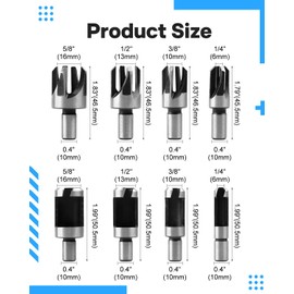 AOKLIT Plug Cutters for Woodworking, 8pcs Wood Plug Cutters Drill Bit Set with 1/4 Round Shank, Straight and Tapered Taper Cutting Tool 1/4", 5/8", 3/8", 1/2", Silver