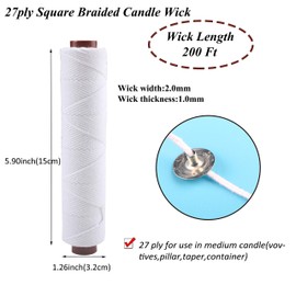 MILIVIXAY 27ply Square Braided Candle Wick Bundle:200 Foot Spool Cotton Wicks, 200 pcs Candle Wick Sustainer Tabs(Dia:0.49"(12.5mm)), 200pcs Wick Glue and 2pcs Wooden Wick Holders.