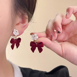 Red Bow Earrings for Women Christmas Bow Earrings Pearl Bow Earrings Velvet Pearl Bow Earrings New Year Christmas Holiday Jewelry (bow flower)