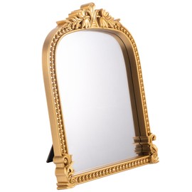 Threehoney Vintage Vanity Makeup Desk Mirror, Small Gold Arch Antique Decorative Mirror with Stand, 11.4" x 9" Ornate Traditional Chic Baroque for Living Room Bedroom Dresser Tabletop Desktop Decor