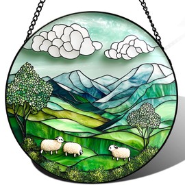 Zizzie Stained Glass Mountain Sheep Suncatcher - 7.9" Real Glass Pastoral Landscape Window Hanging, Weatherproof Farmhouse Cottagecore Decor, Peaceful Nature Gift for Mom Women Home