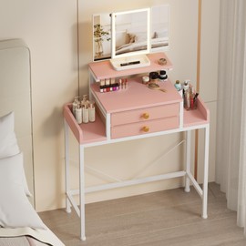 HIGDBFE Vanity Desk with Mirror and Lights, 28.4''W Small Makeup Vanity Table with Height-Adjustable Stand, 2 Fabric Drawers Compact Makeup Desk, Gift for Girls, Bedroom Small Space, Pink