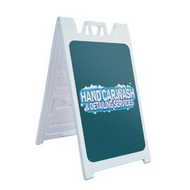 Hand Car Wash 24" x 36" Double Sided A-Frame Sidewalk Sign, Includes 2 Plastic Inserts | Foldable Portable White Signicade Sandwich Board Signs