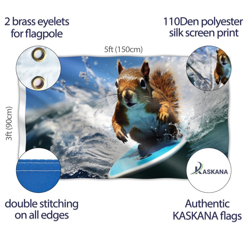 Surfing Squirrel Flag - Large Funny Flag - Double-Sided Print