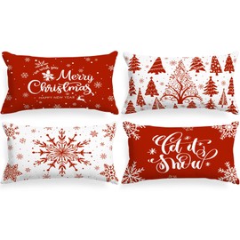 Lanpn Pack of 4 White and Red Cushion Covers Christmas Cushion Cover 30 x 50 cm, Winter Snowflakes Decorative Christmas Cushion for Christmas Decoration Christmas Bed Linen Sofa Decorations (Red)