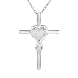 Timeless Religious Faith Hope Love Forever Gemstone Created White Opal Heart Infinity Cross Necklace Pendant For Women Teen .925 Sterling Silver October Birthstone