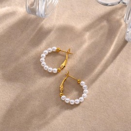 A-yeite Pearl Hoop Earrings Lightweight Gold Plated White Faux Pearl Dainty Beaded Round Hoop Earrings for Women Birthday Valentine's Day Mother's Day Gifts