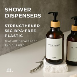 MaisoNovo Refillable Shampoo and Conditioner Bottles | 16.9 fl oz Set of 3 Amber Plastic Bottles Black Bamboo Pumps