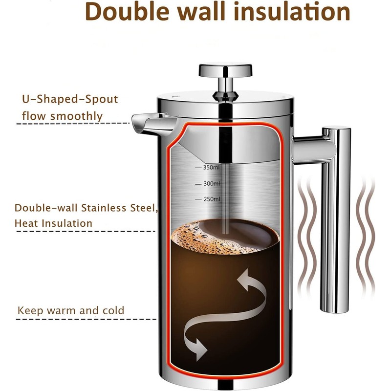 MaxMiuly Cafetiere French Press Small Szie 350ml/12oz,Stainless Steel Double Wall