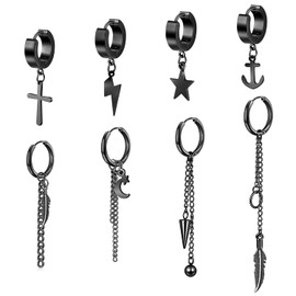 Thokono 8/12 Pieces Hoop Dangle Earrings Stainless Steel Dangle Foldable Hoop Earrings Long Chain Pendant Kpop Earrings Hoop Earrings Hanging Earrings with Chain Punk Gothic Cross Kpop Earrings Long