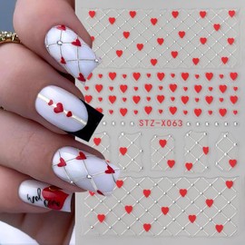 Valentine's Day Nail Art Stickers Decals Red Heart Nail Stickers for Nail Art 6PCS Red Heart Silver Curve French Design Valentines Nail Adhesive Decals Manicure Sliders for Women Nail Art Decorations
