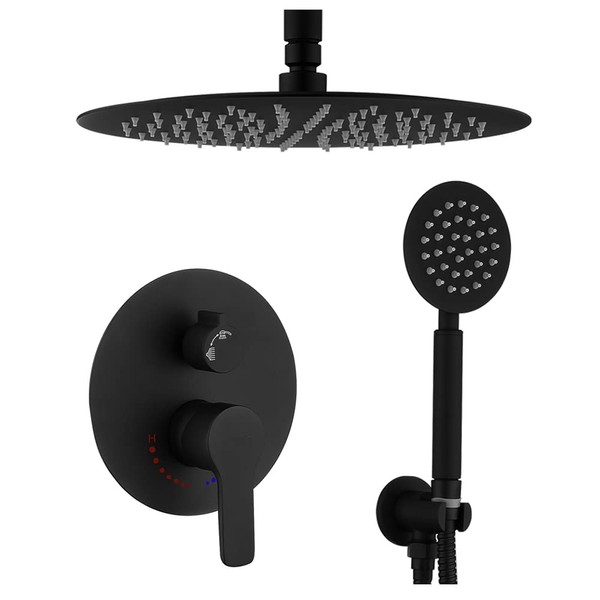 Ceiling Shower System, Round Black Shower Faucet Has Celing Mouned 10 Inch Shower Head and Handheld Shower Head Brass Valve For Bathroom Shower Fixture
