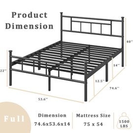 Viisari Full Size Platform Bed Frame with Headboard & Footboard 14 Inch High with Spacious Under Bed Storage No Box Spring Needed Sturdy Steel Slat Noise Free Metal Platform Bed Frame Foundation
