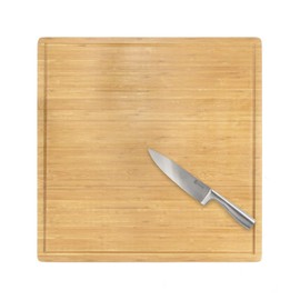 BambooMN Bamboo Burner Cover Cutting Board, 3-Ply, Extra Large Square, 24" x 24" x 0.75" - Grooved/Flat with Chef's Knife Combo