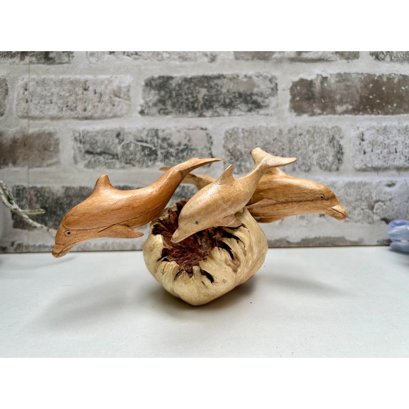 MAISONICA Dolphin Family Ornament Sculpture - Hand Carved Wooden Art