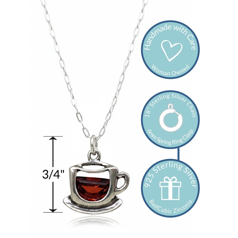 EnCharmed Sterling Silver Coffee Cup Charm Necklace with Red Cubic