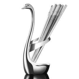 AnSaw Silver Swan Base Holder With 5 Pairs 304 Stainless Steel Chopsticks Reusable Metal Square Chopsticks Anti-slip And Anti-scalding Chopsticks 18/8