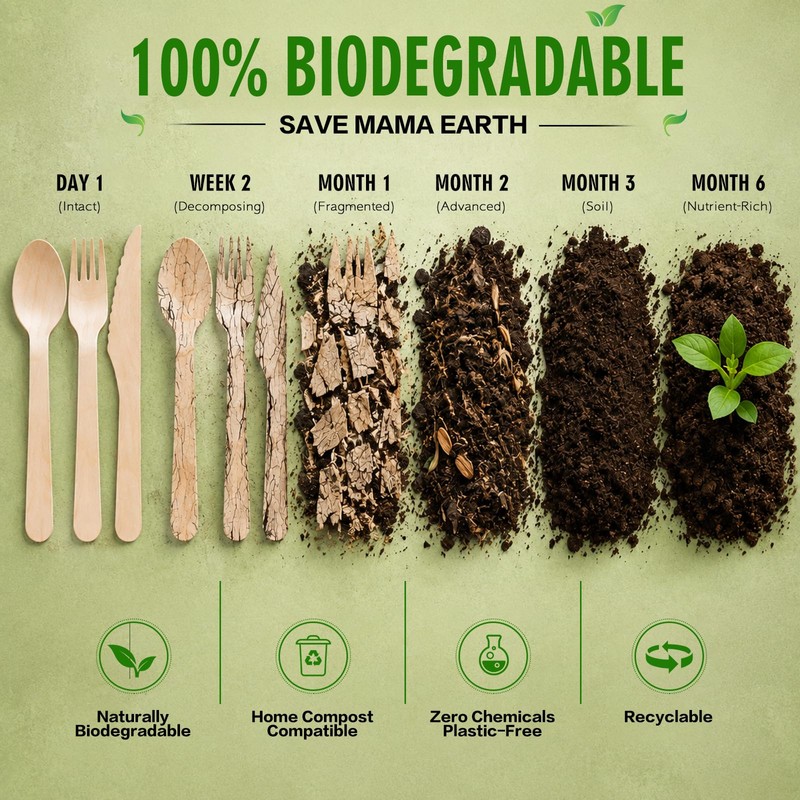 Mwellewm 100% Compostable Cutlery Set Wooden Utensils Disposable Silverware