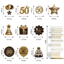 Happy 50th Birthday Party Hanging Swirls Streams Ceiling Decorations, Celebration 50 Foil Hanging Swirls with Cutouts for 50 Years Old Black and Gold Birthday Party Decorations Supplies