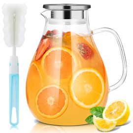 SUSTEAS 2.2 Liter 75oz Glass Pitcher, Water Pitcher with Lid And Wide Handle, Easy Clean Juice Jug for Fridge, Beverage Carafe for Cold/Hot Water, Iced Tea, 1 Long-Handled Brush Included