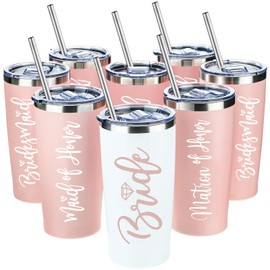 Sabary Bride Gifts Bridesmaid Tumblers Set of 8, 20 oz Insulated Bride Stainless Steel Wine Tumbler Bulk Maid of Honor Mugs with Lid and Straw for Wedding Engagement Party Gifts (Pink, White)