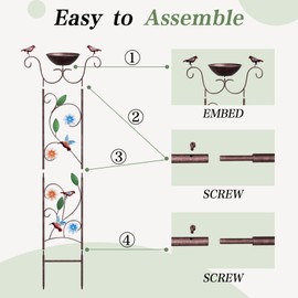 Glirops Bird Bath for Outside - Antique Iron Bird Bath with Trellis,Detachable Decorative Hummingbird Bowl,Metal Plant Support for Climbing Flowers,Elegant Outdoor Garden Feature (Hummingbird)