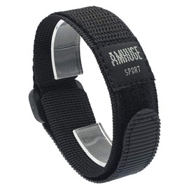 AMHUGE Nylon Sport Watch Band Black Grey WATERPROOF 18mm 20mm 22mm Hook Loop & Fastening Outdoor Watch Strap (Black with Grey Logo（Black Plastic Buckle）, 20mm-Long)