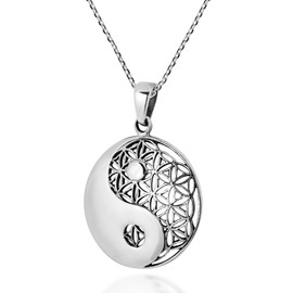 AeraVida Yin Yang Balance Flower of Life .925 Sterling Silver Pendant Necklace | Mystical Sterling Silver Symbolic Jewelry for Men and Women