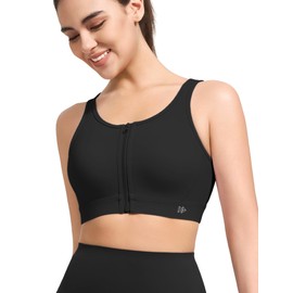 Yvette Sports Bras for Women High Impact Front Zip Supportive Sports Bra for Large Breasts Butterfly Back, Black, L+