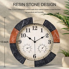 JoFomp 13 Inch Resin Faux-Stone Outdoor Clocks Waterproof with Thermometer and Hygrometer Combo, Large Outdoor Clocks for Patio, Outdoor Wall Clocks Battery Operated, Outside Clock for Pool/Home