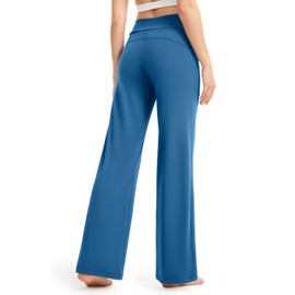 AFITNE Wide Leg Pants for Women Yoga Dress Pants with Pockets, High Waist Stretch Loose Casual Lounge Work Sweatpants Blue M 30"