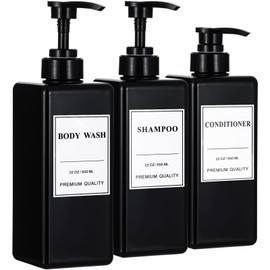 Yeeco 3 Pack Soap Dispenser 22oz/650ML, Shampoo and Conditioner Dispenser with Hand Pump Dispense, Empty Shampoo Bottles Refillable Liquid for Bathroom Hotel Kitchen, Labels for Shower Bottles, Black